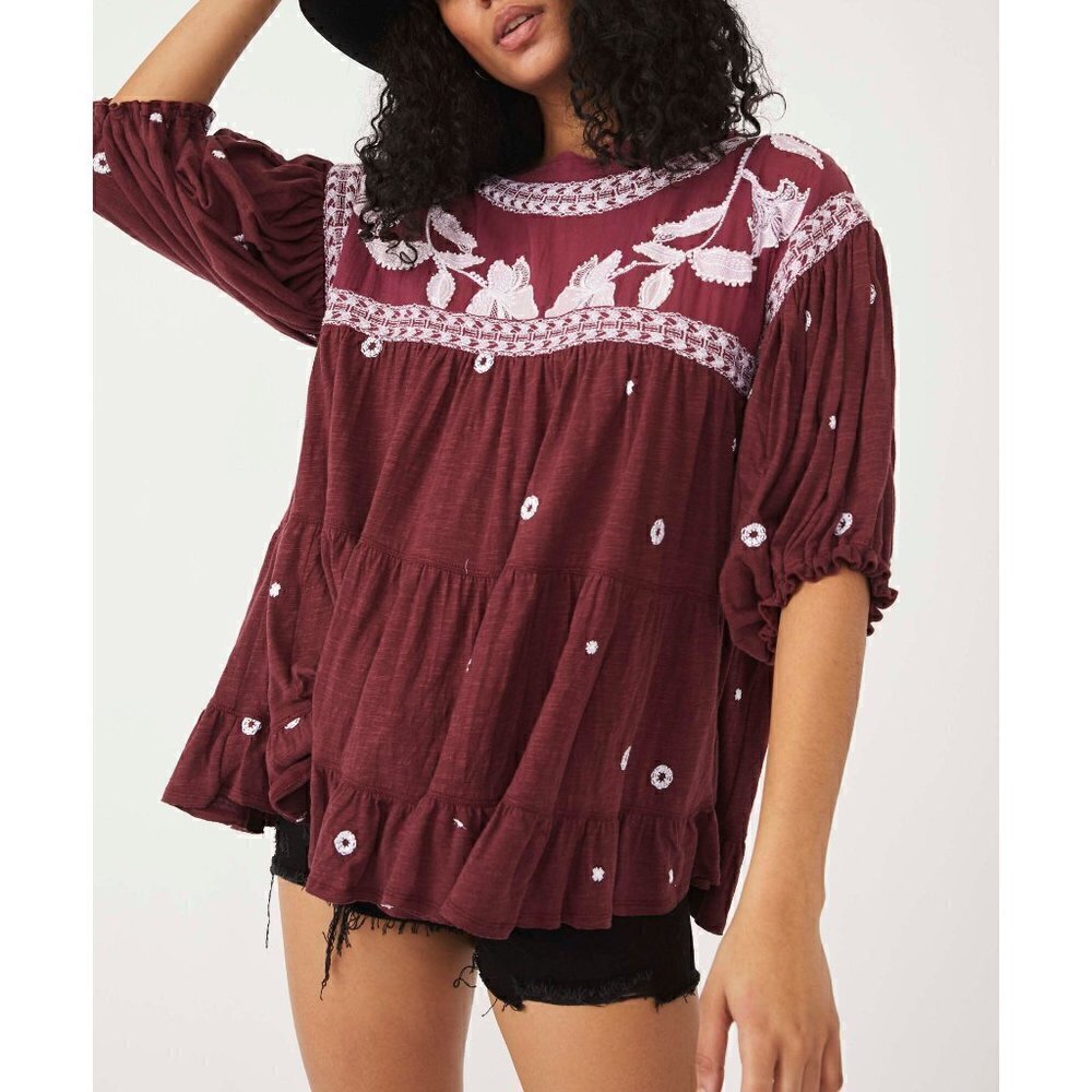 Free People Edie Tee / Sweet Raisin Combo Top Shirt Swing EUC